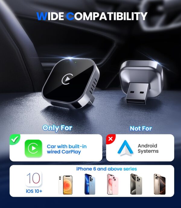 Wireless CarPlay Adapter 2025 Upgrade Wired CarPlay to Wireless, Mini USB Design for Cars with Built-in Wired Apple CarPlay Seamless Use Fast Stable Connection Dongle for iPhone (BLK & SLV)
