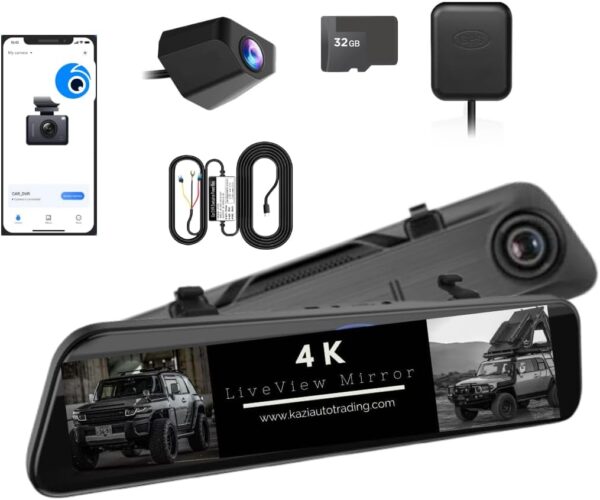 4K Mirror Dash Cam For FJ Cruiser, 12"Inch Display, Dual Camera Front 4K/Rear 2.5K, GPS, WiFi, 128GB Card Included