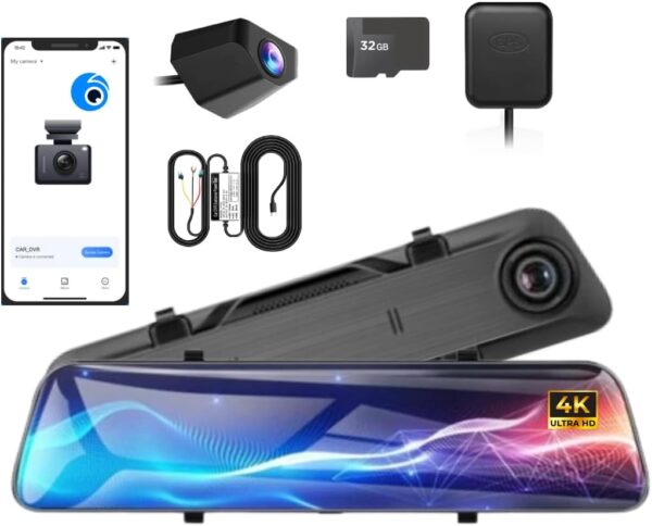 4K Mirror Dash Cam For FJ Cruiser, 12"Inch Display, Dual Camera Front 4K/Rear 2.5K, GPS, WiFi, 128GB Card Included