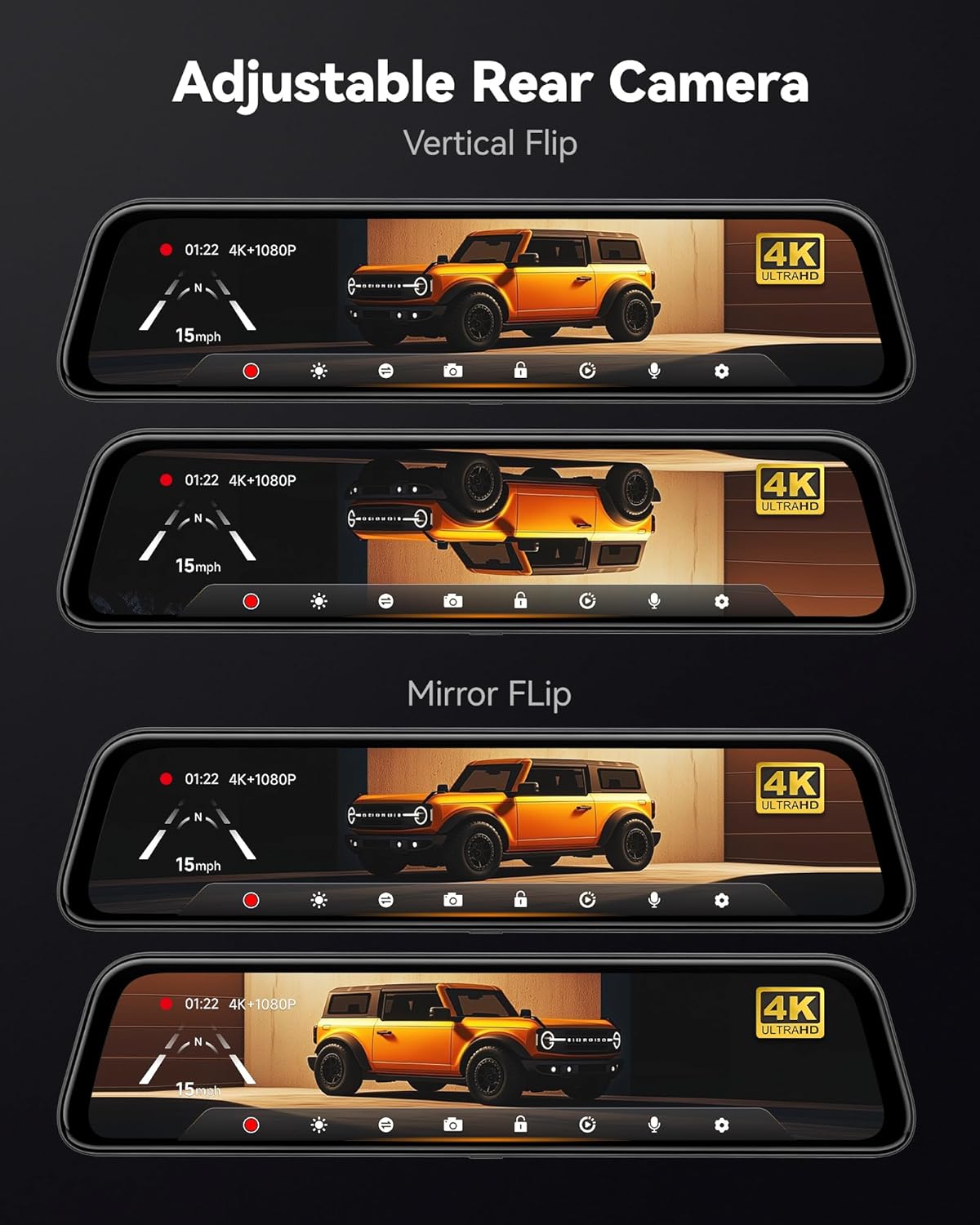 WOLFBOX (G840S) 12" 4K Mirror Dash Cam Backup Camera, 5.8GHz WiFi Smart Rearview Mirror for Cars & Trucks, Front and Rear View Dual Cameras, Night Vision, Parking Assistance, Included 32GB Card & GPS