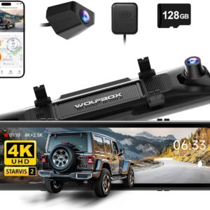 WOLFBOX (G900 Pro) Mirror Dash Cam with STARVIS 2 IMX678 features a 12-inch mirror, 4K front and 2.5K rear recording. Includes 128GB card, voice control, 5.8GHz WiFi, loop recording, G-sensor, and GPS