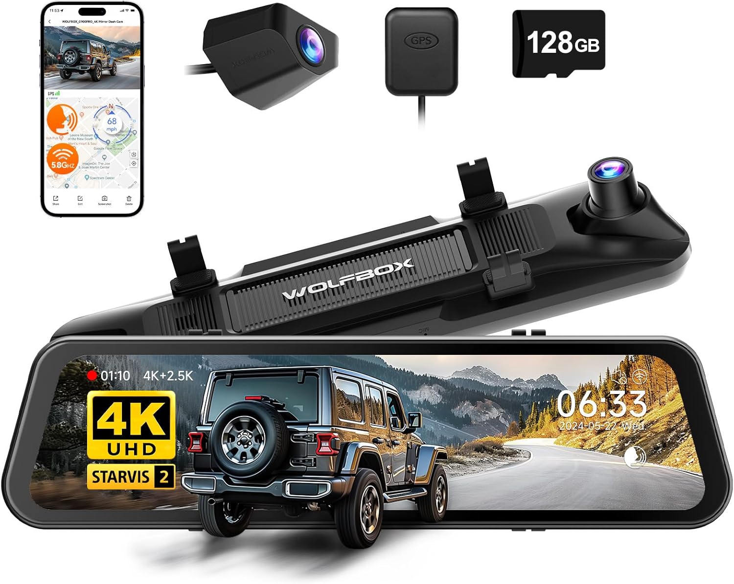 WOLFBOX (G900 Pro) Mirror Dash Cam with STARVIS 2 IMX678 features a 12-inch mirror, 4K front and 2.5K rear recording. Includes 128GB card, voice control, 5.8GHz WiFi, loop recording, G-sensor, and GPS