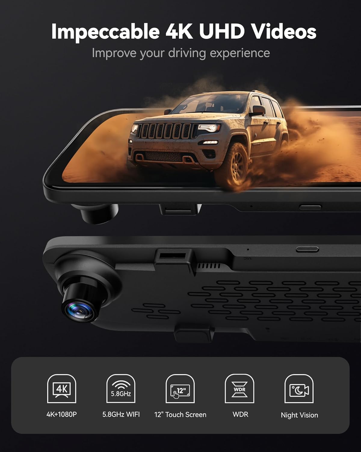 WOLFBOX (G840S) 12" 4K Mirror Dash Cam Backup Camera, 5.8GHz WiFi Smart Rearview Mirror for Cars & Trucks, Front and Rear View Dual Cameras, Night Vision, Parking Assistance, Included 32GB Card & GPS