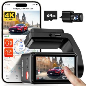 REDTIGER (A4) 4K+1080P Front and Rear Dash Cam for Car, 5.8GHz WiFi APP, GPS, 2.2''Mini Touch Screen, Voice Control, Built-in 64GB Card, Loop Recording, 24H Parking Mode