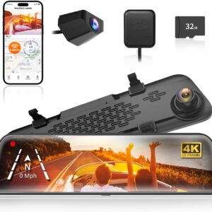 WOLFBOX (G840S) 12" 4K Mirror Dash Cam Backup Camera, 5.8GHz WiFi Smart Rearview Mirror for Cars & Trucks, Front and Rear View Dual Cameras, Night Vision, Parking Assistance, Included 32GB Card & GPS