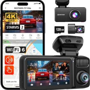 REDTIGER (F17) Elite 4K 3 Channel Dash Cam, 128GB Card, Full Night Color, 4K+2.5K+1080P Front and Rear Inside, Touch Screen, Voice Control, 5GHz WiFi 6, GPS, HDR, Parking Mode