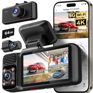 REDTIGER (F17) 4K 3 Channel Dash Cam Car 5G WiFi GPS, Free 64GB Map, 2160P + 1080P + 1080P Front Rear and Indoor, Loop Recording, Triple Car Camera with 3 Inch Screen, IR Night Vision, Parking Mode