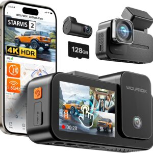WOLFBOX (X5) New 3 Channel 4K HDR Dash Cam, STARVIS 2 IMX678,4K+2.5K+1080P Front and Rear Inside Car Camera with 128GB Card, Voice Control, 5.8GHz WiFi GPS, Touch Screen, Digital Signal, Support 512GB