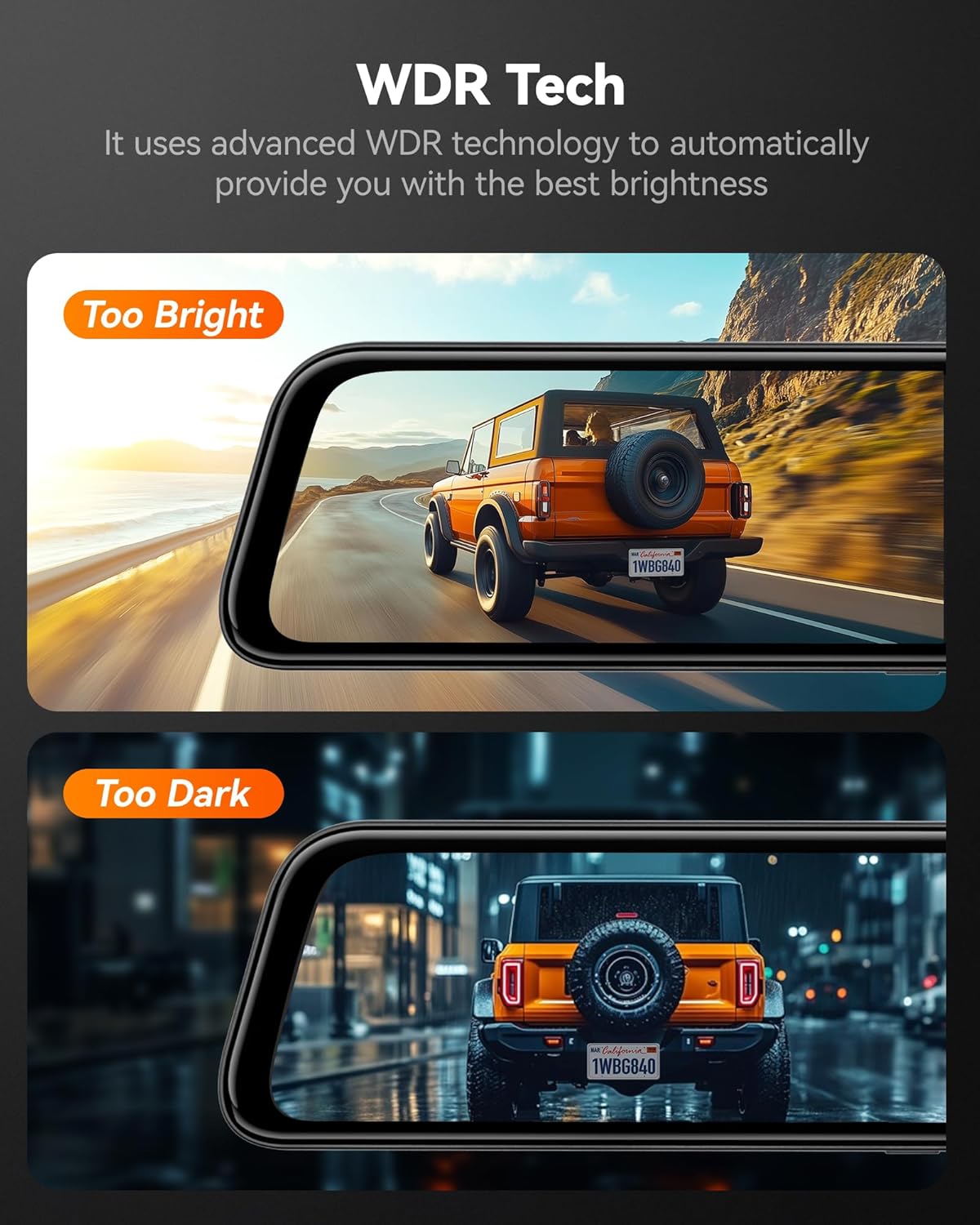 WOLFBOX (G840S) 12" 4K Mirror Dash Cam Backup Camera, 5.8GHz WiFi Smart Rearview Mirror for Cars & Trucks, Front and Rear View Dual Cameras, Night Vision, Parking Assistance, Included 32GB Card & GPS