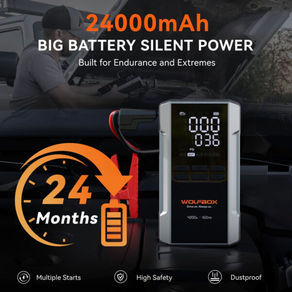 WOLFBOX (MegaVolt 24 Air) 4000A Jump Starter with 160PSI Air Compressor, 12V Car Battery Booster, 65W Fast Charge, 24000mAh Portable Tire Inflator, LED Display for 10L Gas & 10L Diesel Engines, LED Light, Jumper Cables 4000A&24000mAh