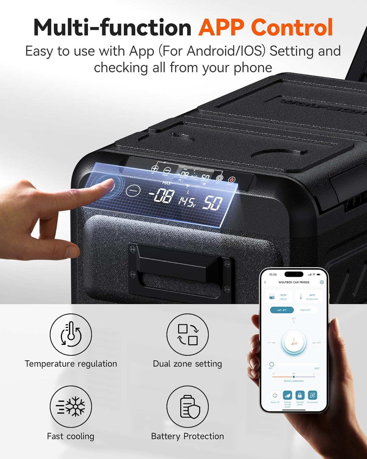 WOLFBOX 12V Car Refrigerator, (35L,45L,55L) Dual Zone Car Fridge, Portable Freezer(-8℉~68℉) with 1224V DC 100240V AC, APP Control Electric Cooler for Car, RV, Camping, Travel and Home Use